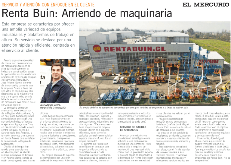 Arriendo de EL MERCURIO: Grúas y Elevadores para la Construcción en Chile - RB Rental